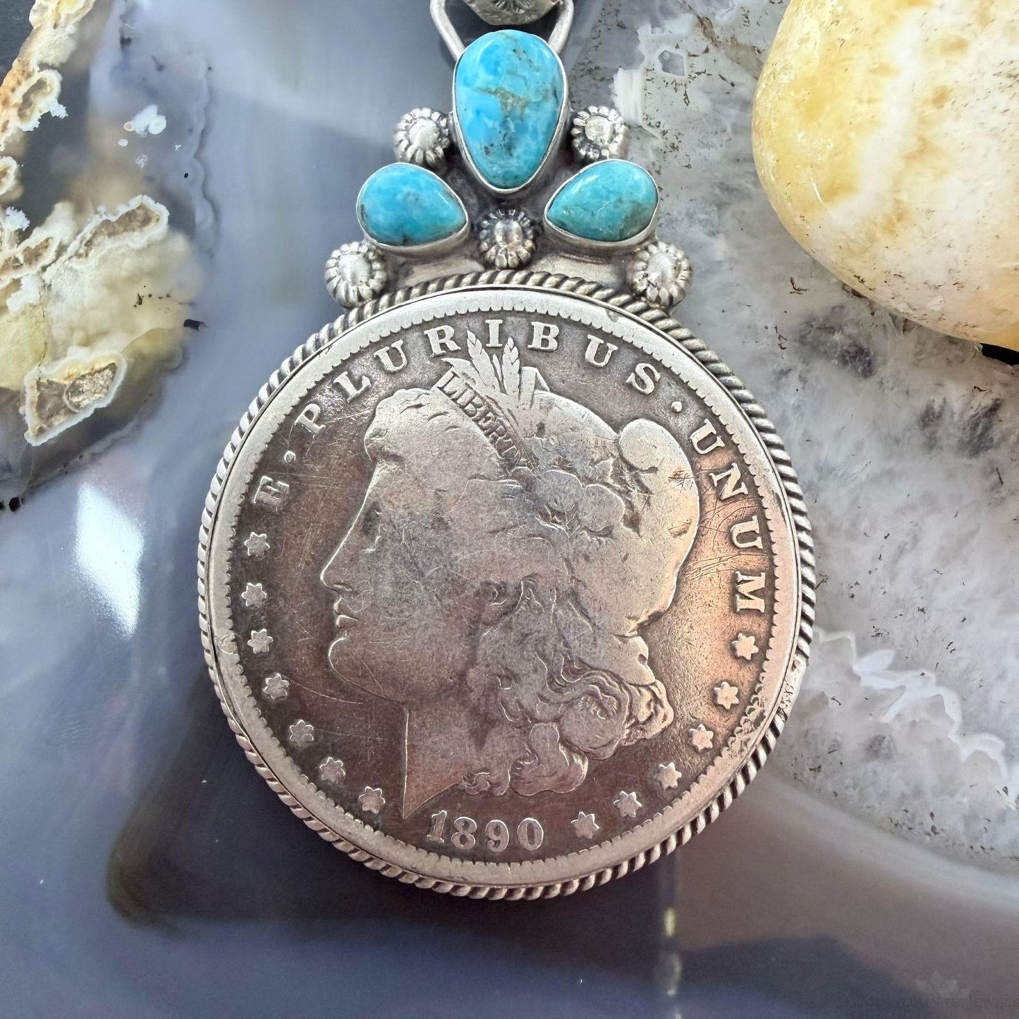 Genuine 1890 90% Morgan Silver Dollar Coin Turquoise Decorated Unisex Pendant