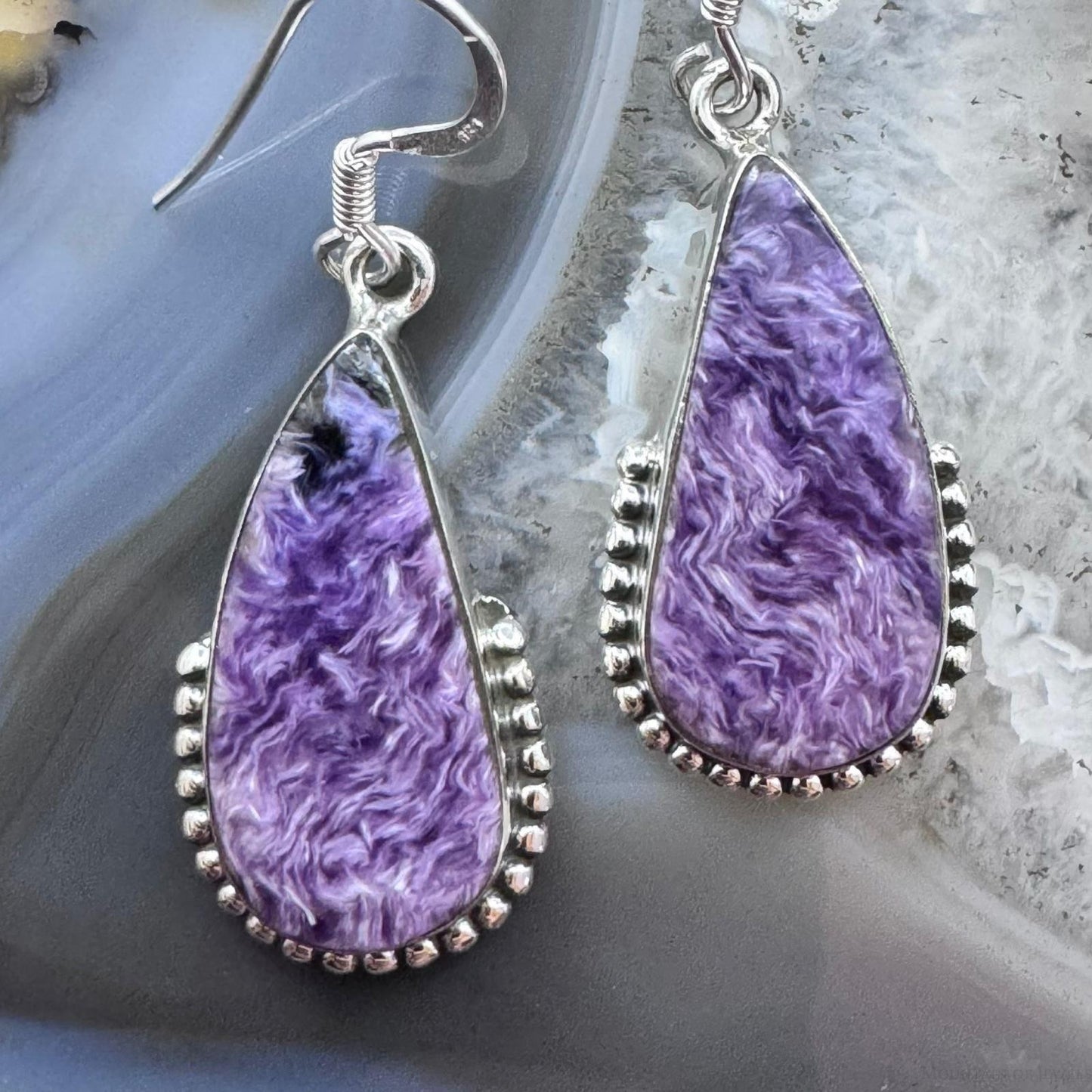 Sterling Silver Southwestern Style Teardrop Charoite Decorated Dangle Earrings For Women