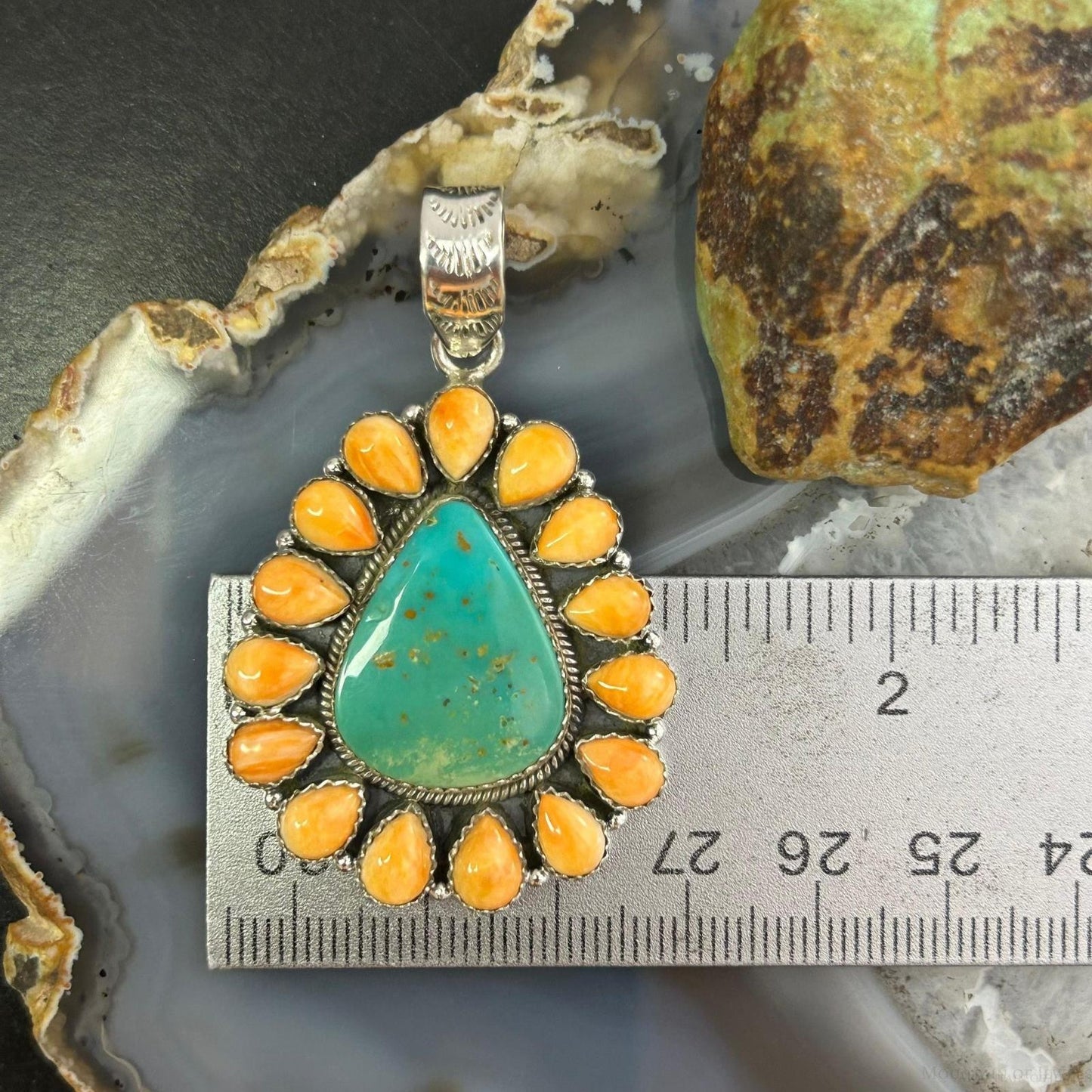 Sterling Silver Southwestern Emerald Valley Turquoise & Spiny Oyster Cluster Pendant For Women