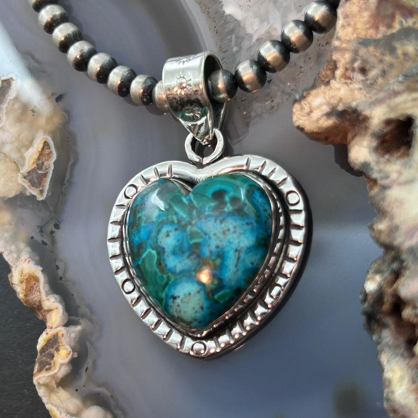 Sterling Silver Southwestern Style Azurite Malachite Heart Pendant For Women #2