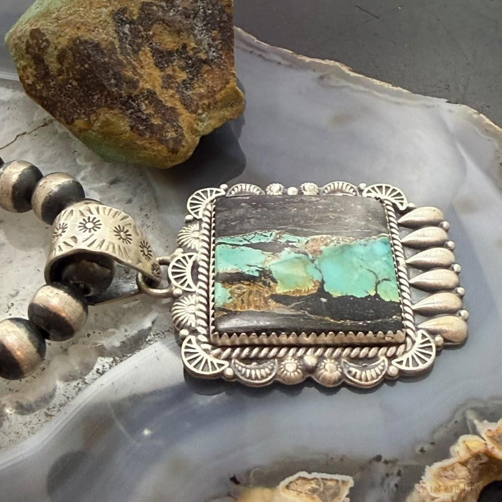 Sterling Silver Southwestern Style Square Blackjack Turquoise Decorated Pendant For Women