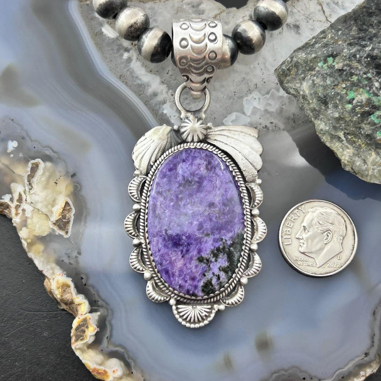 Sterling Silver Southwestern Style Oval Charoite Decorated Pendant For Women #1