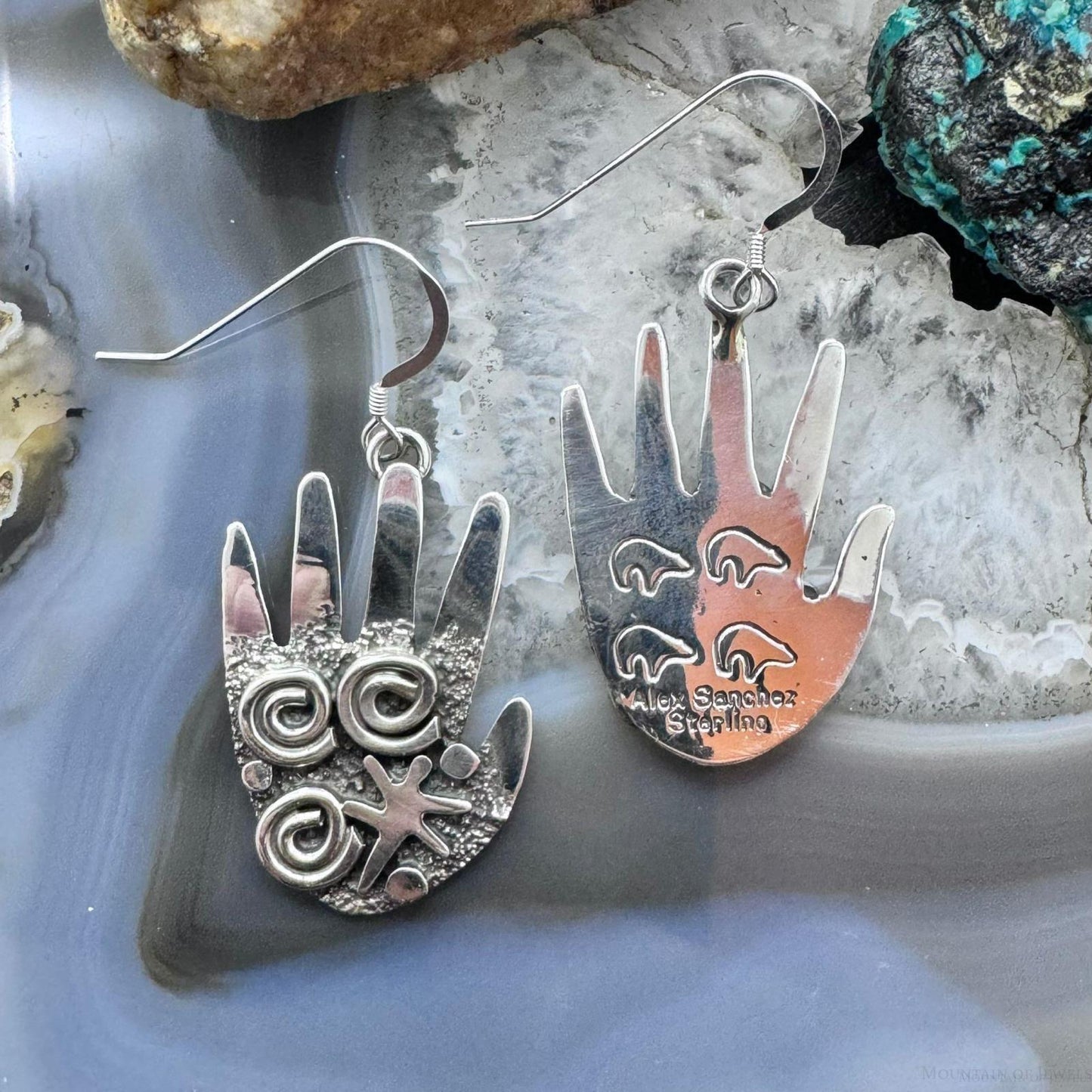 Alex Sanchez Sterling Silver Ancestors Hand Petroglyph Dangle Earrings For Women