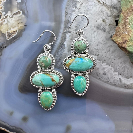 Sterling Silver Southwestern Style 3 Turquoise Decorated Dangle Earrings For Women