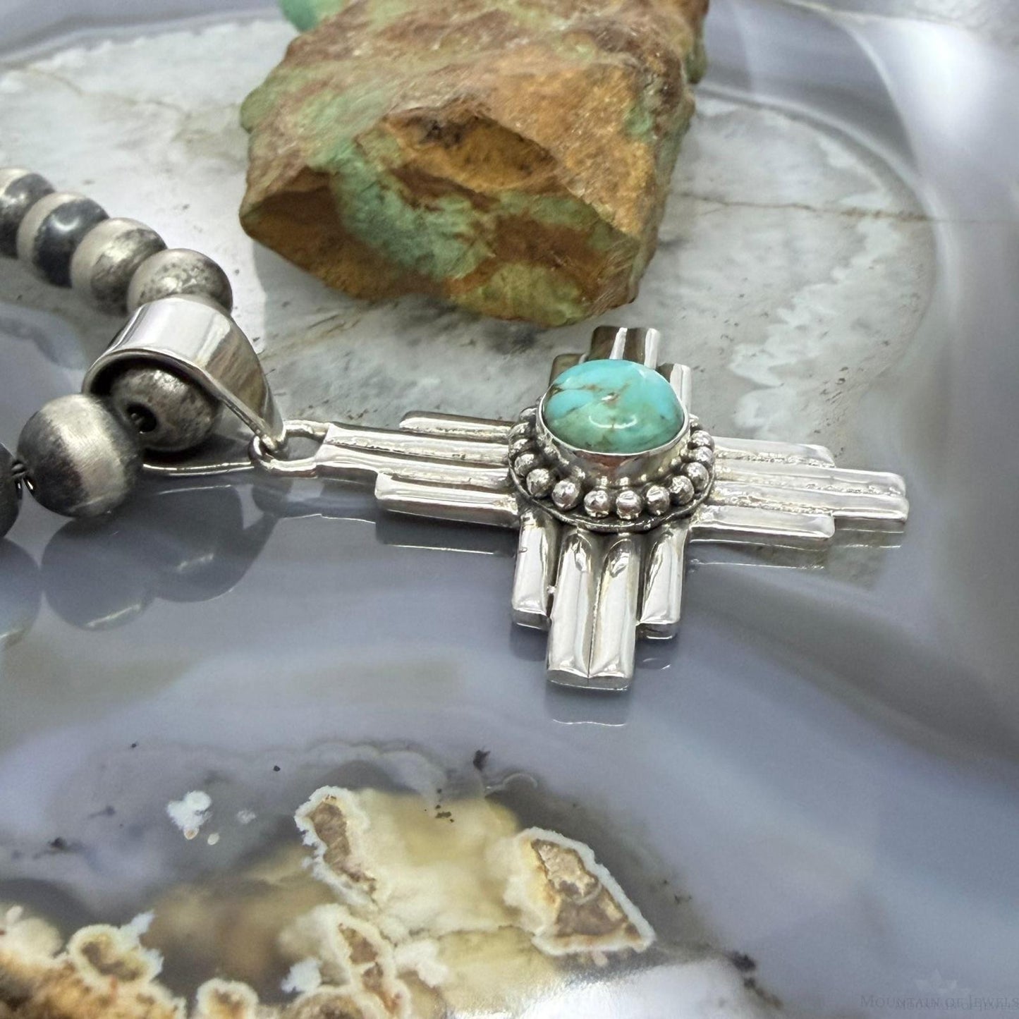 Sterling Silver Southwestern Style Rounded Mohave Turquoise Unisex  Zia Pendant #1