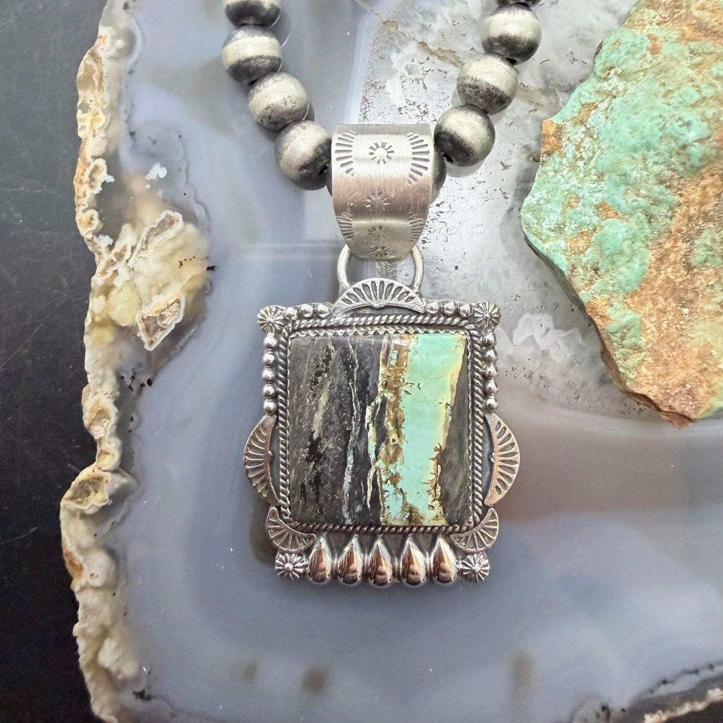 Sterling Silver Southwestern Style Square Blackjack Turquoise Pendant For Women