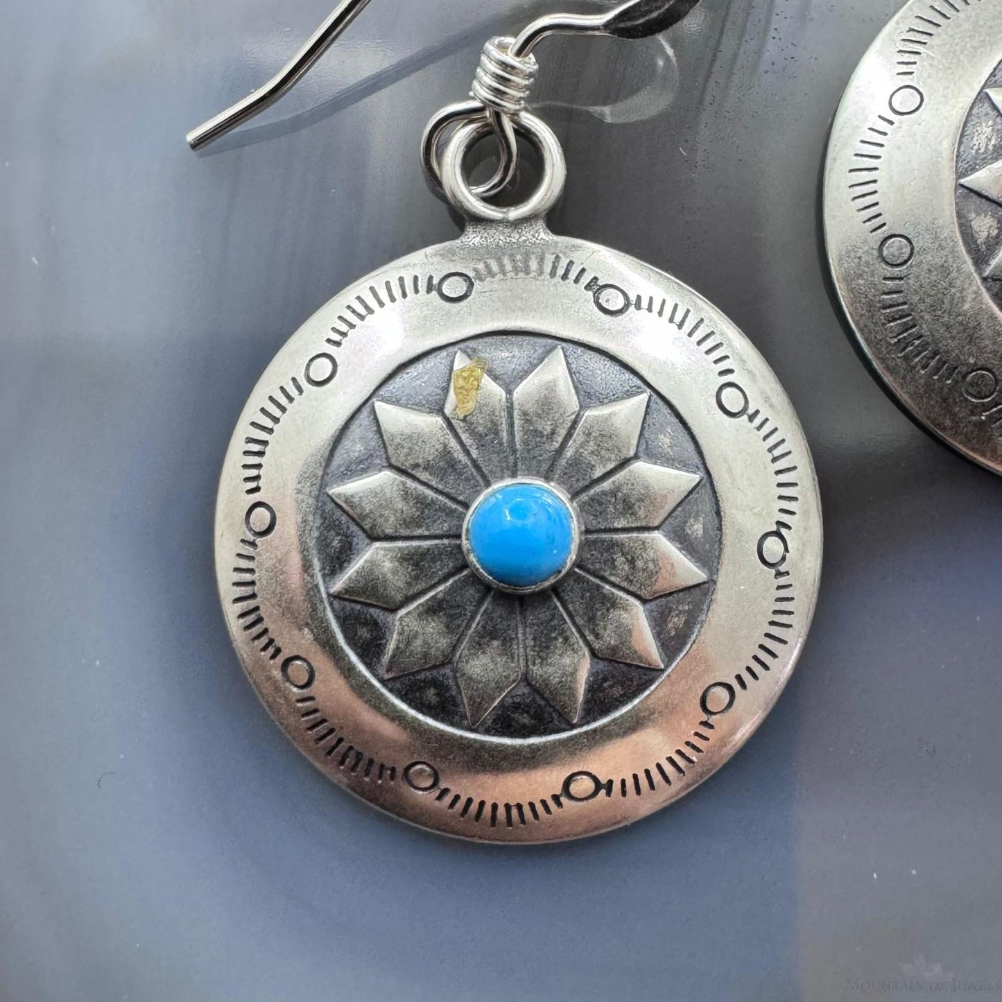 Native American Sterling Silver Turquoise Dot Stamped Concho Dangle Earrings For Women