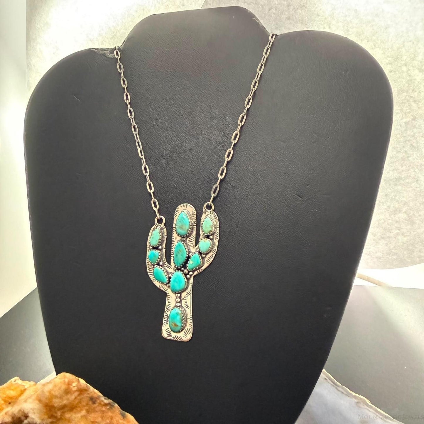 Sterling Southwestern Style Kingman Turquoise Cactus Pendant 20.5" Necklace
