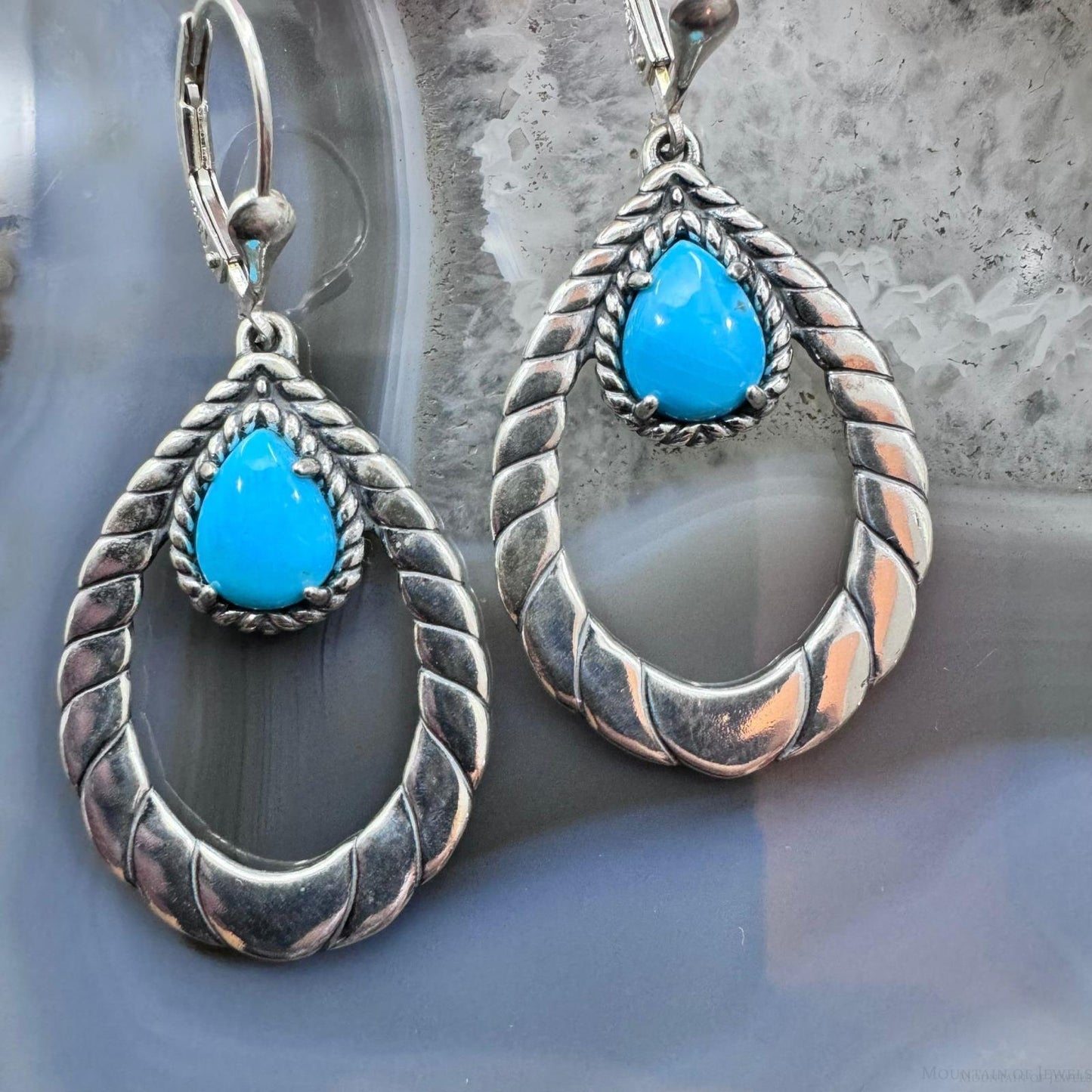 Carolyn Pollack Sterling Silver Teardrop Sleeping Beauty Turquoise Hoop Dangle Earrings For Women