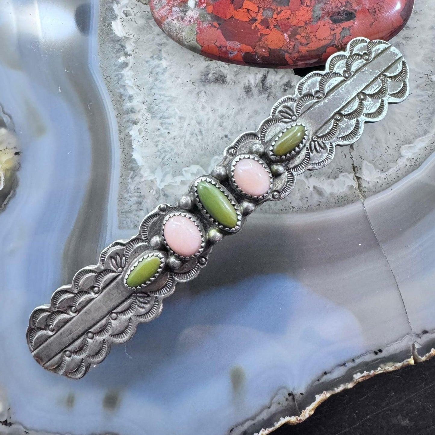Ron Wesley Vintage Silver Green Turquoise & Angel Skin Coral Hair Barrette