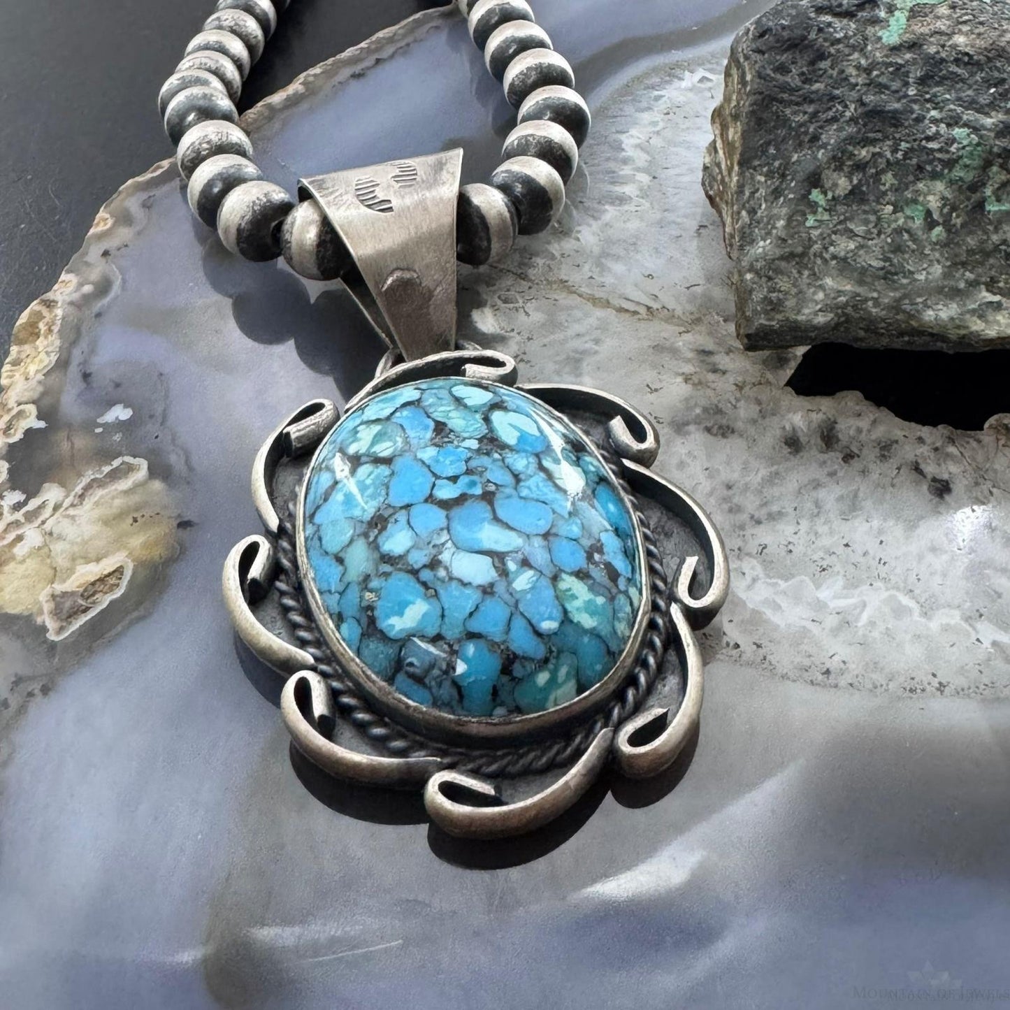 Gilbert Nez Native American Sterling Silver Composite Kingman Turquoise Pendant For Women