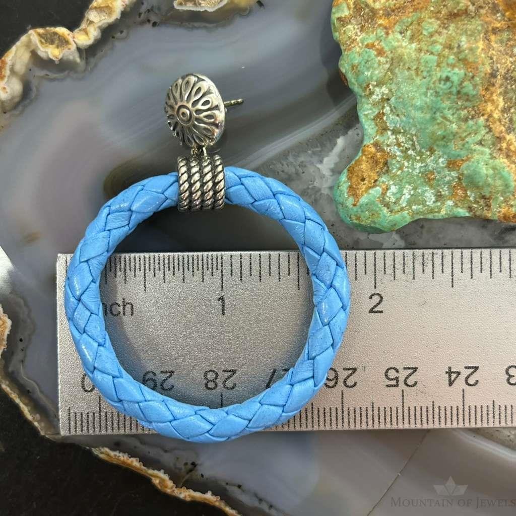 Carolyn Pollack Sterling Silver Light Blue Braided Leather Hoop Earrings For Women