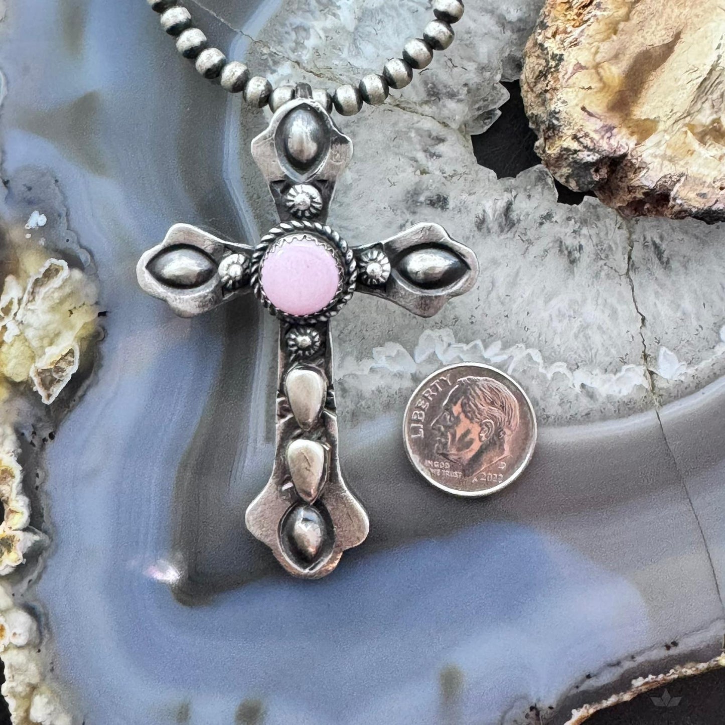 Richard Yazza Sterling Silver Round Pink Conch Decorated Unisex Cross Pendant