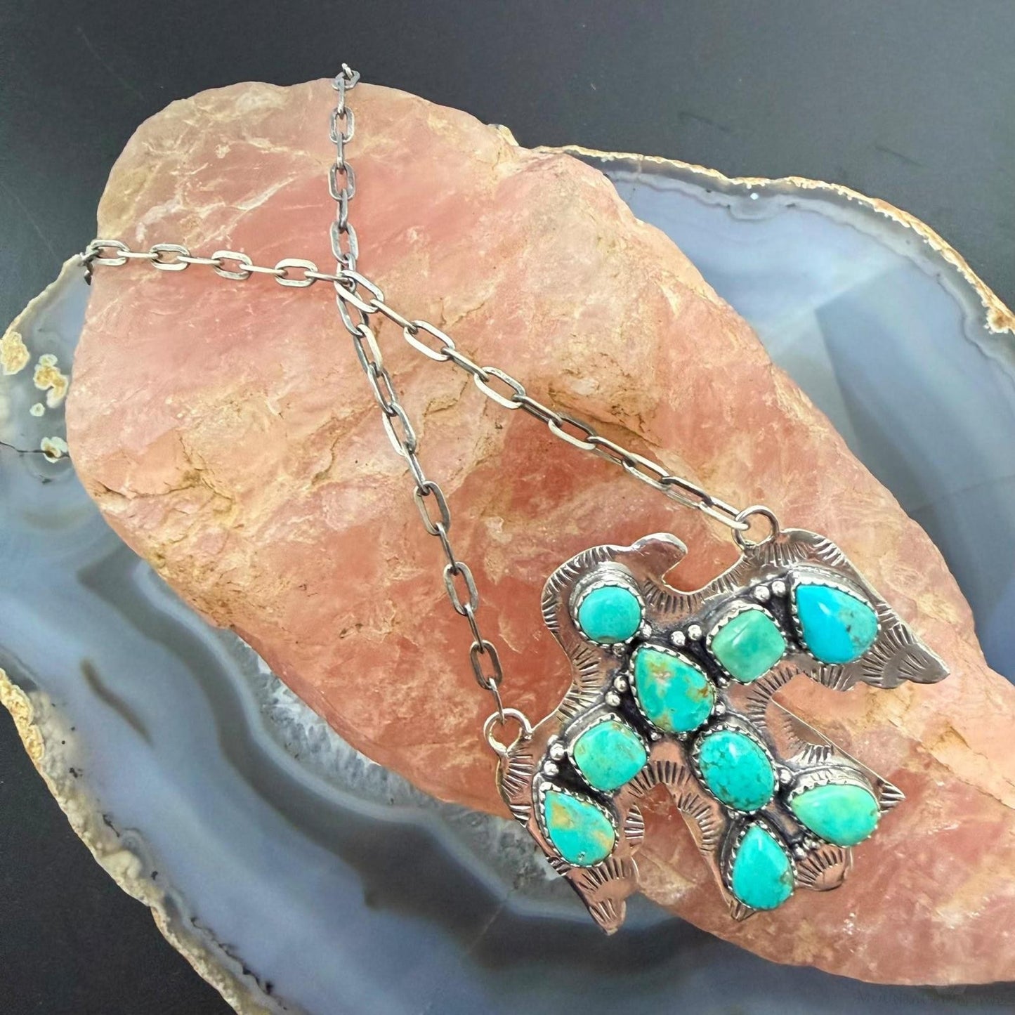 Sterling Silver Southwestern Style Kingman Turquoise Thunderbird Pendant Necklace #2