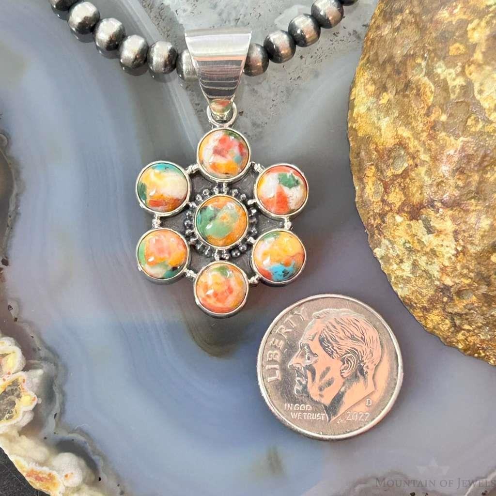 Native American Sterling Silver Turquoise Spiny Oyster Cluster Pendant For Women