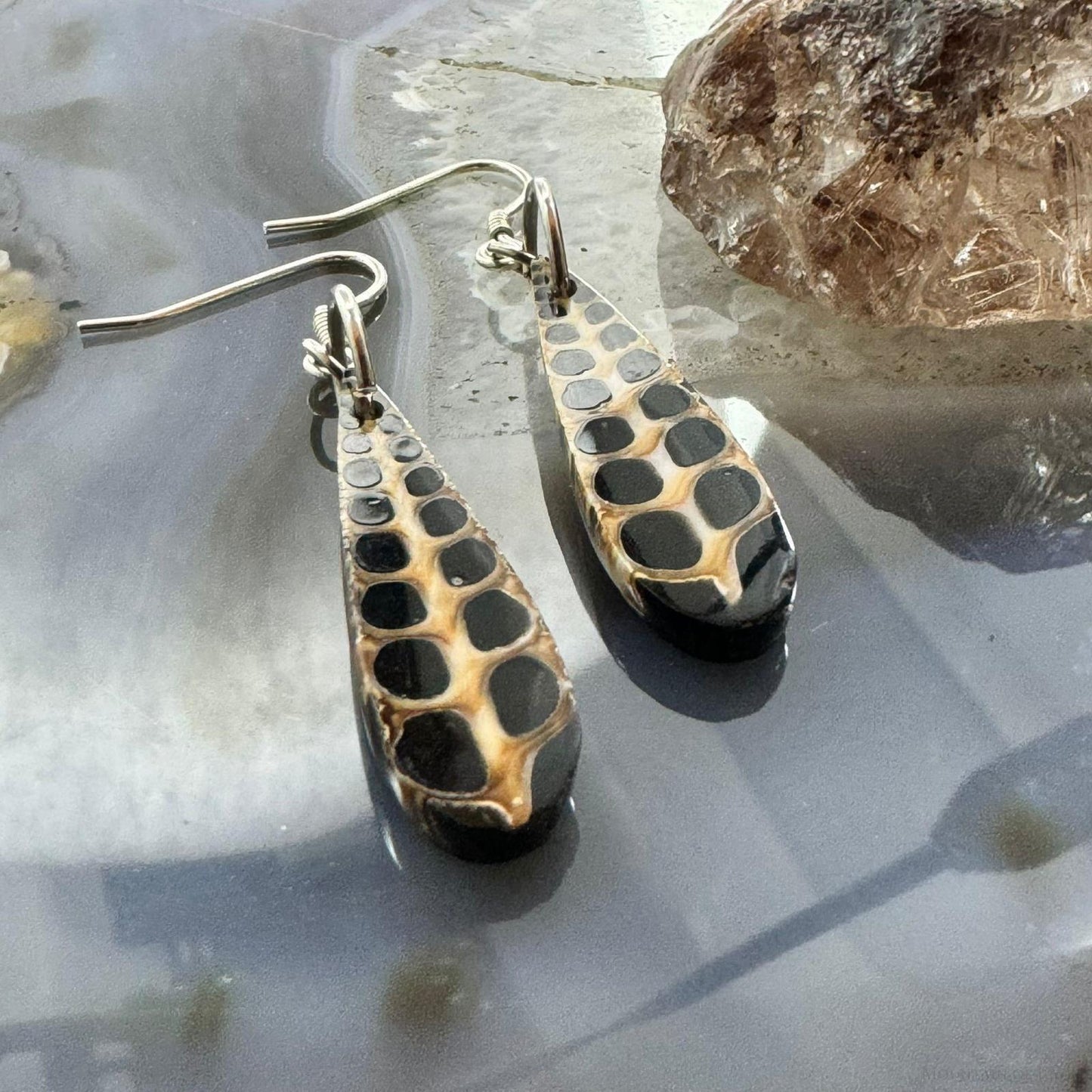 Sterling Silver Teardrop Turitella Fossil Slab Dangle Earrings For Women #232