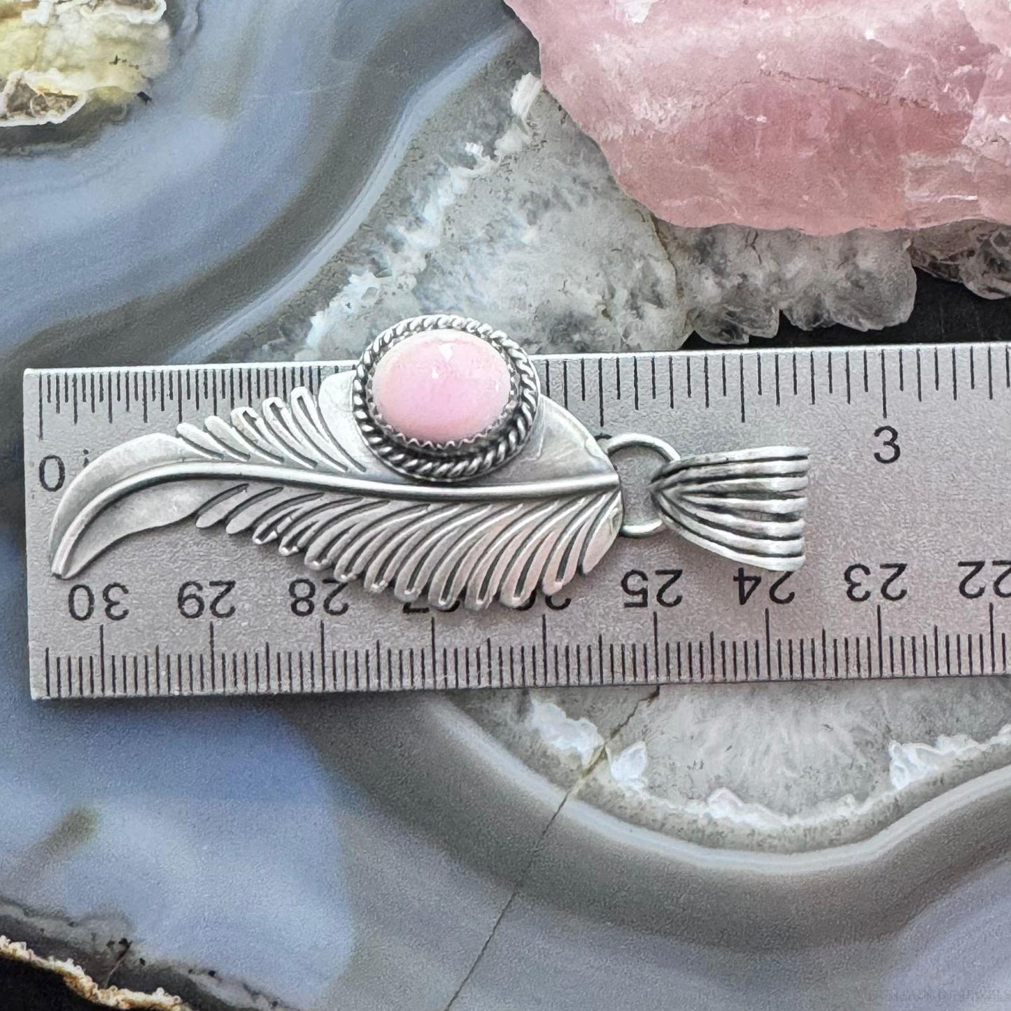 Native American Sterling Silver Oval Pink Conch Feather Pendant For Women