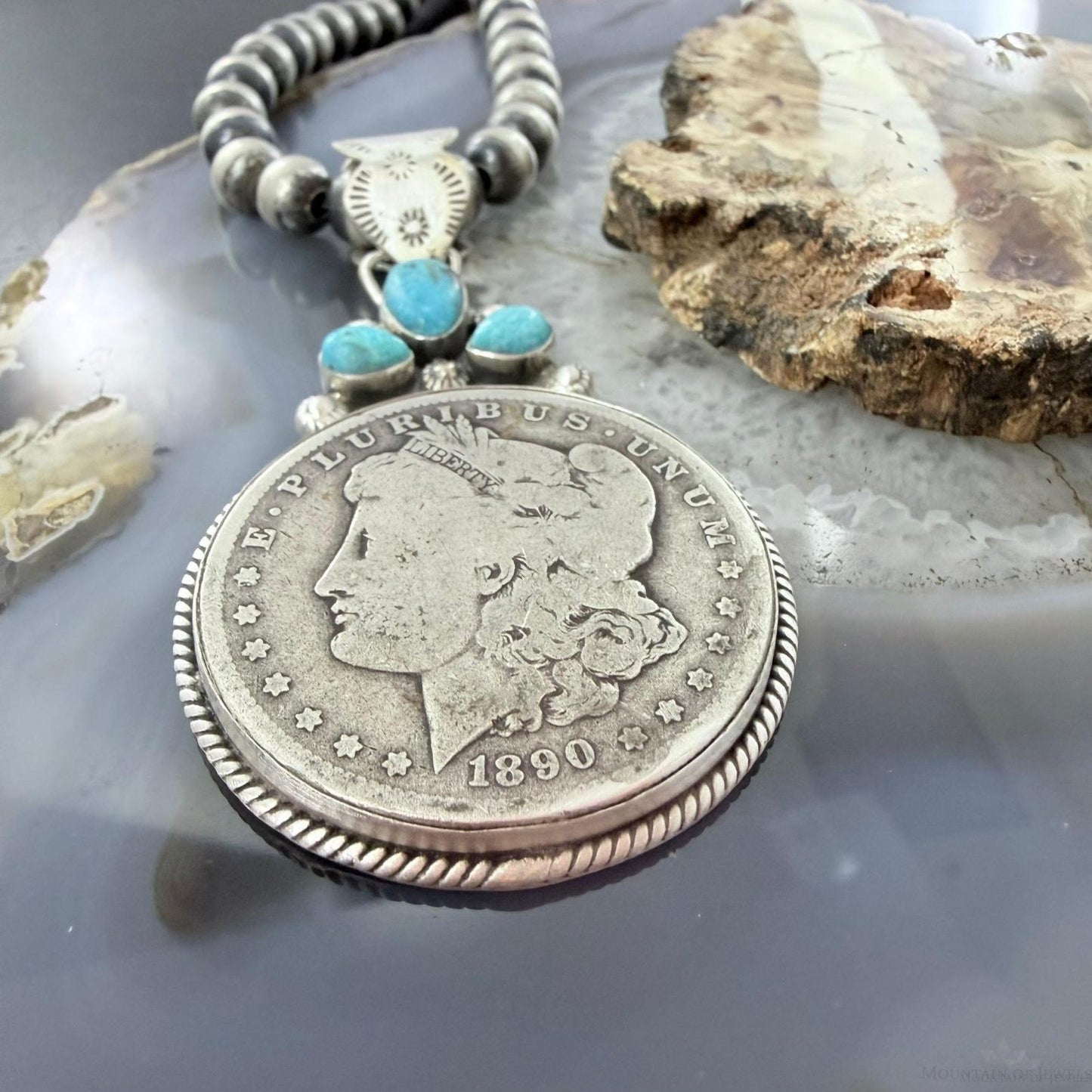 Genuine 1890 90% Morgan Silver Dollar Coin Turquoise Decorated Unisex Pendant #1