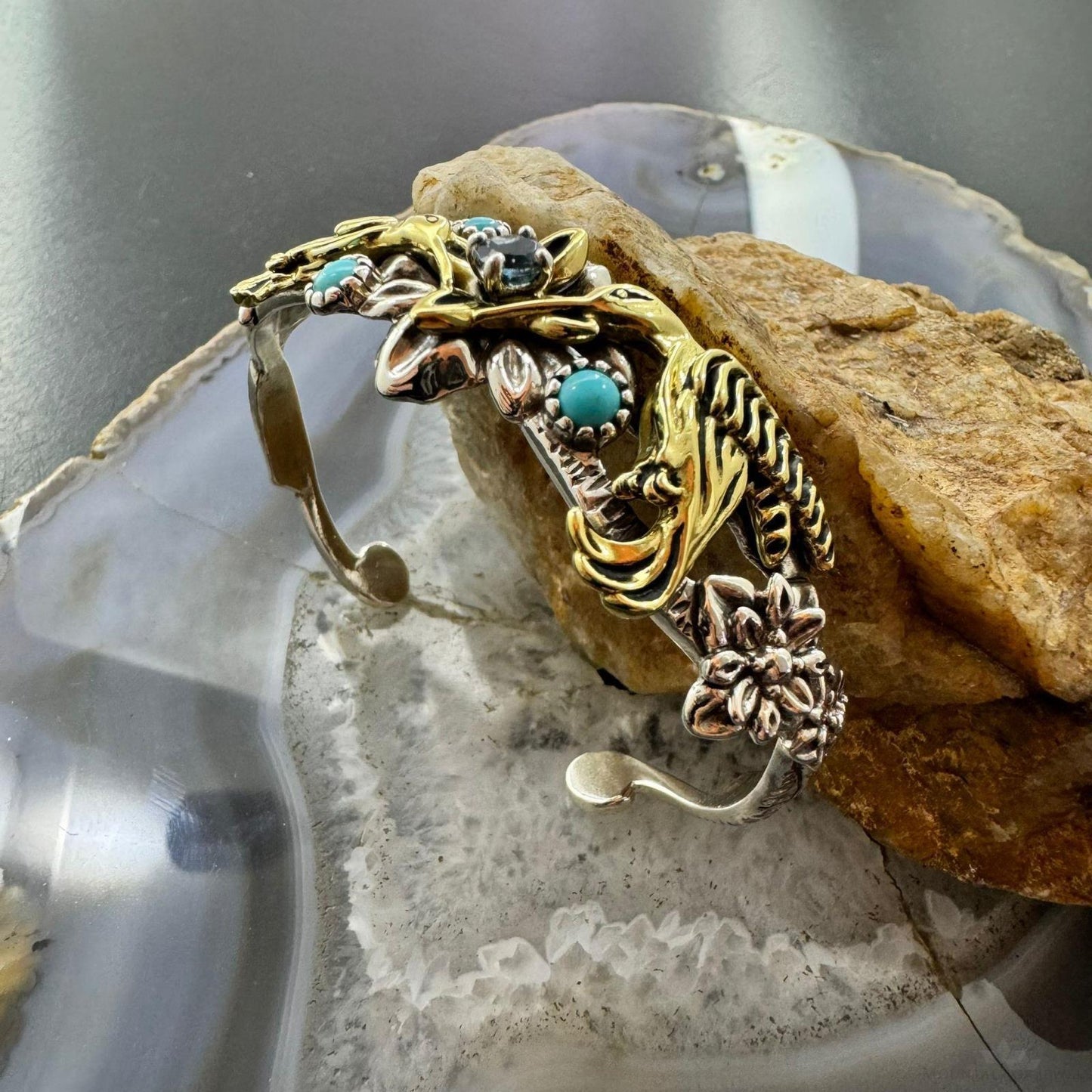 Carolyn Pollack Sterling Silver & Brass Turquoise & Blue Topaz Birds Bracelet For Women