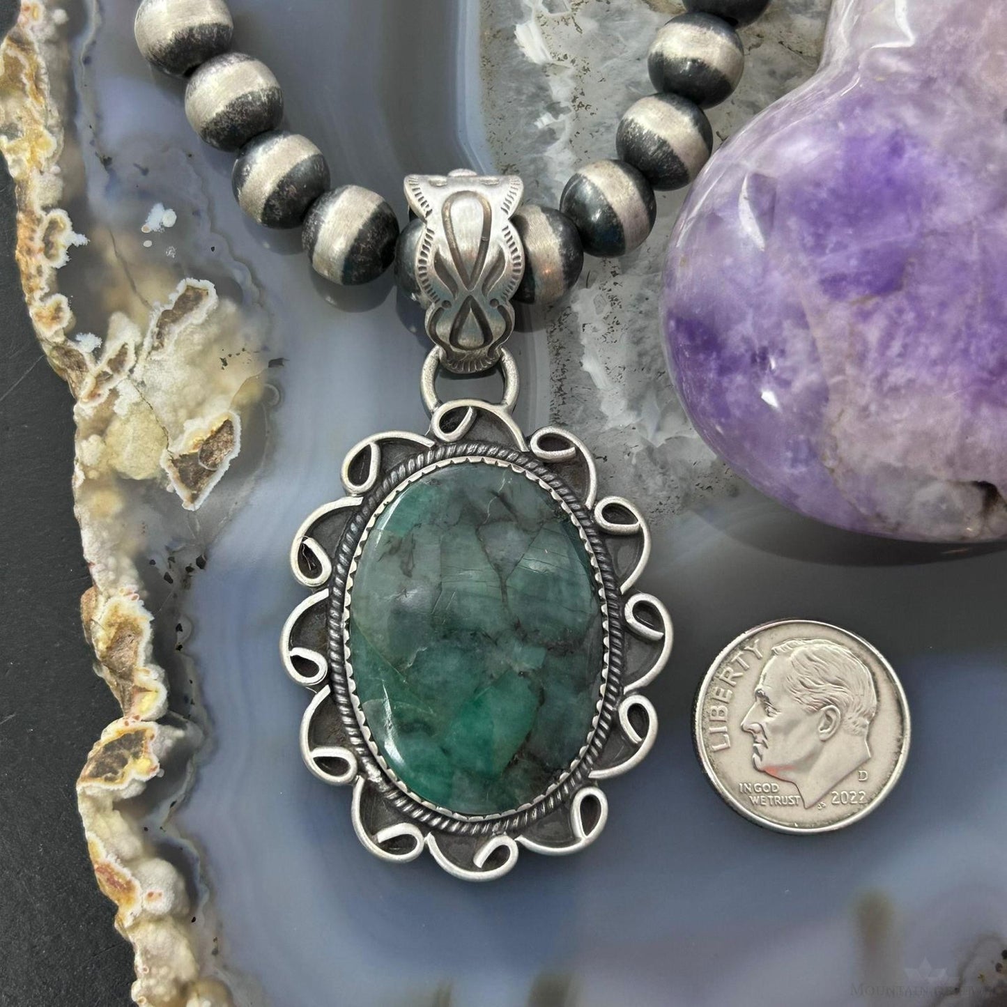 Sterling Silver Southwestern Style Oval Dark Emerald Decorated Pendant For Women
