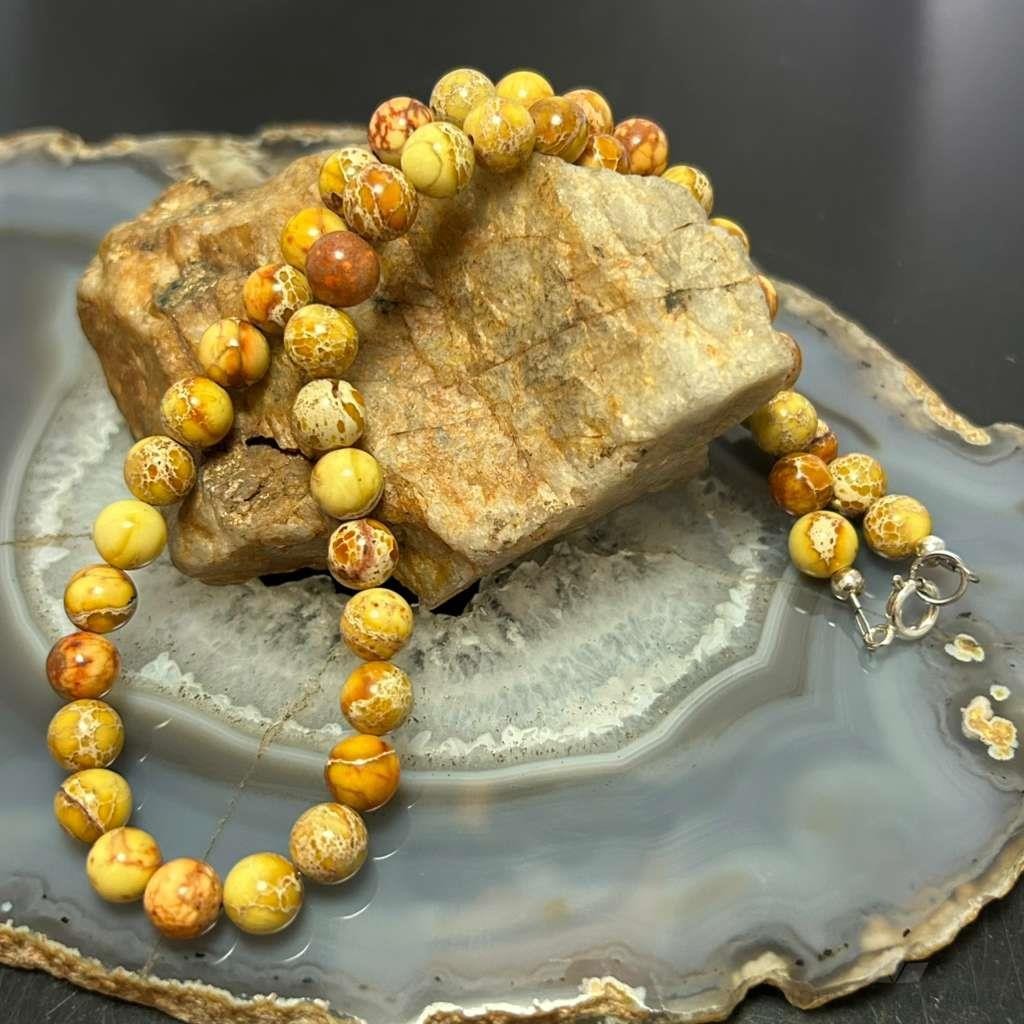 Sterling Silver 8mm Round Snakeskin Jasper 16" Necklace For Women