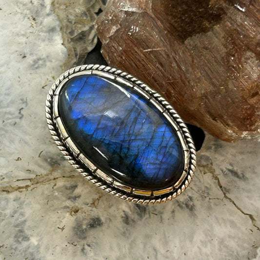 Sterling Silver Southwestern Style Oval Labradorite Decorated Ring Size 8 For Women