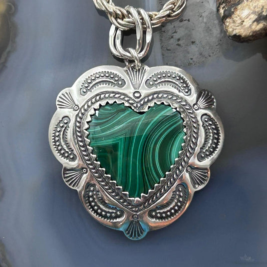 QT Quoc Sterling Silver Southwestern Style Malachite Heart Pendant For Women