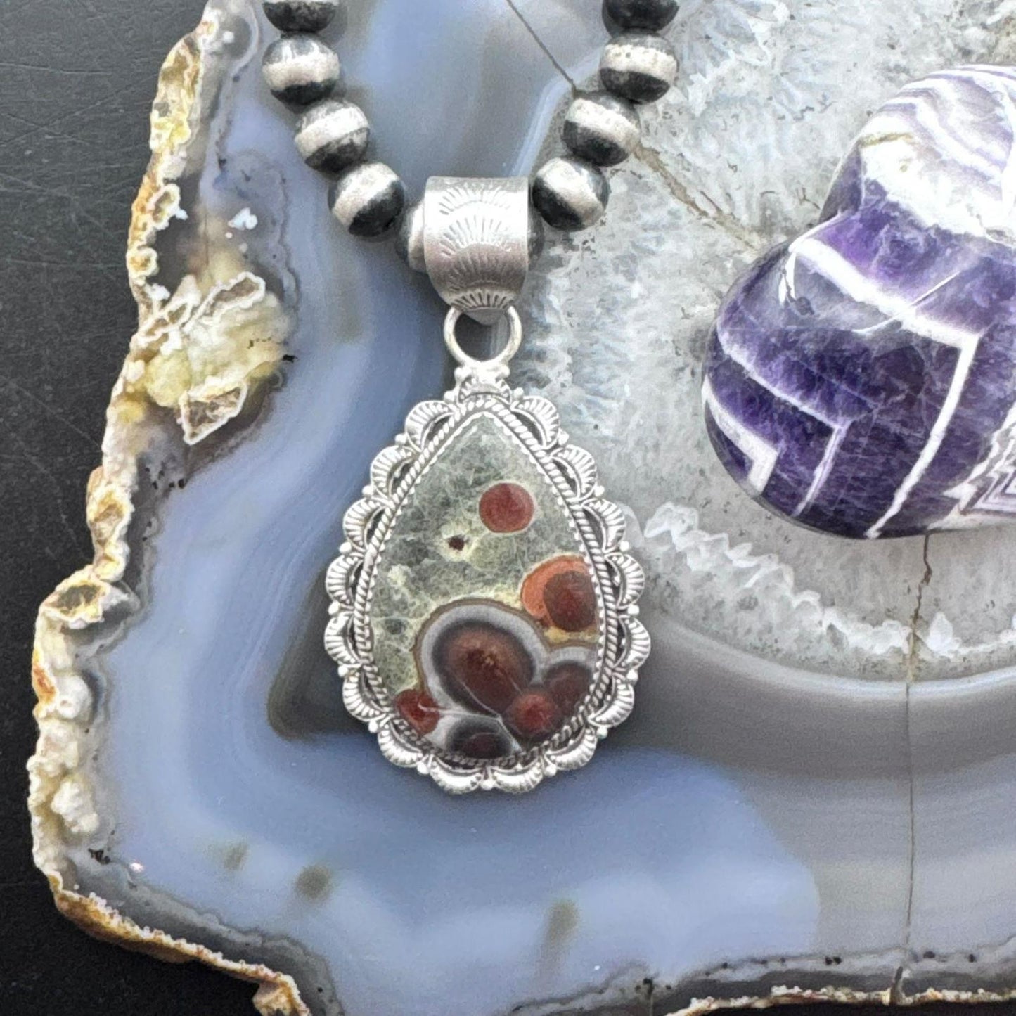 Sterling Silver Southwestern Style Teardrop Peanut Obsidian Decorated Pendant For Women