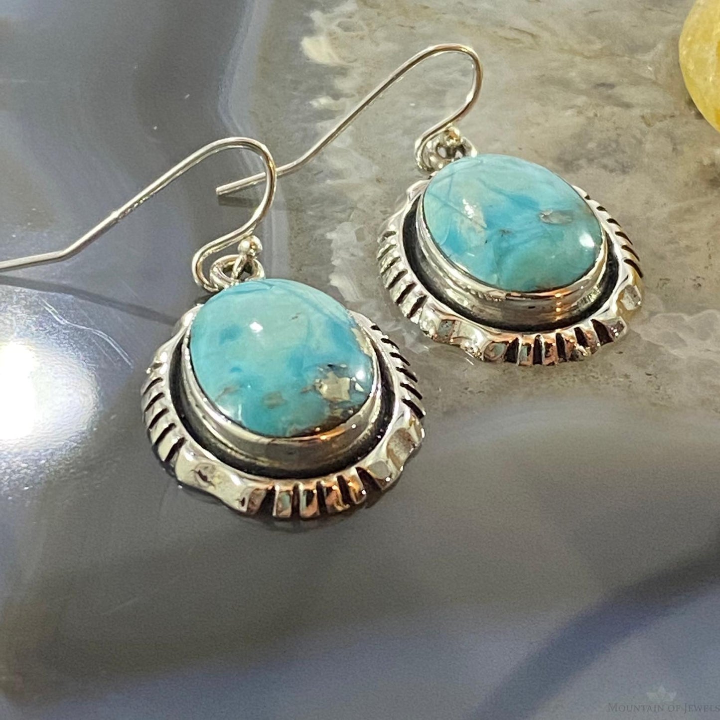 Native American Sterling Silver Blue Ridge Turquoise Decorated Dangle Earrings For Women