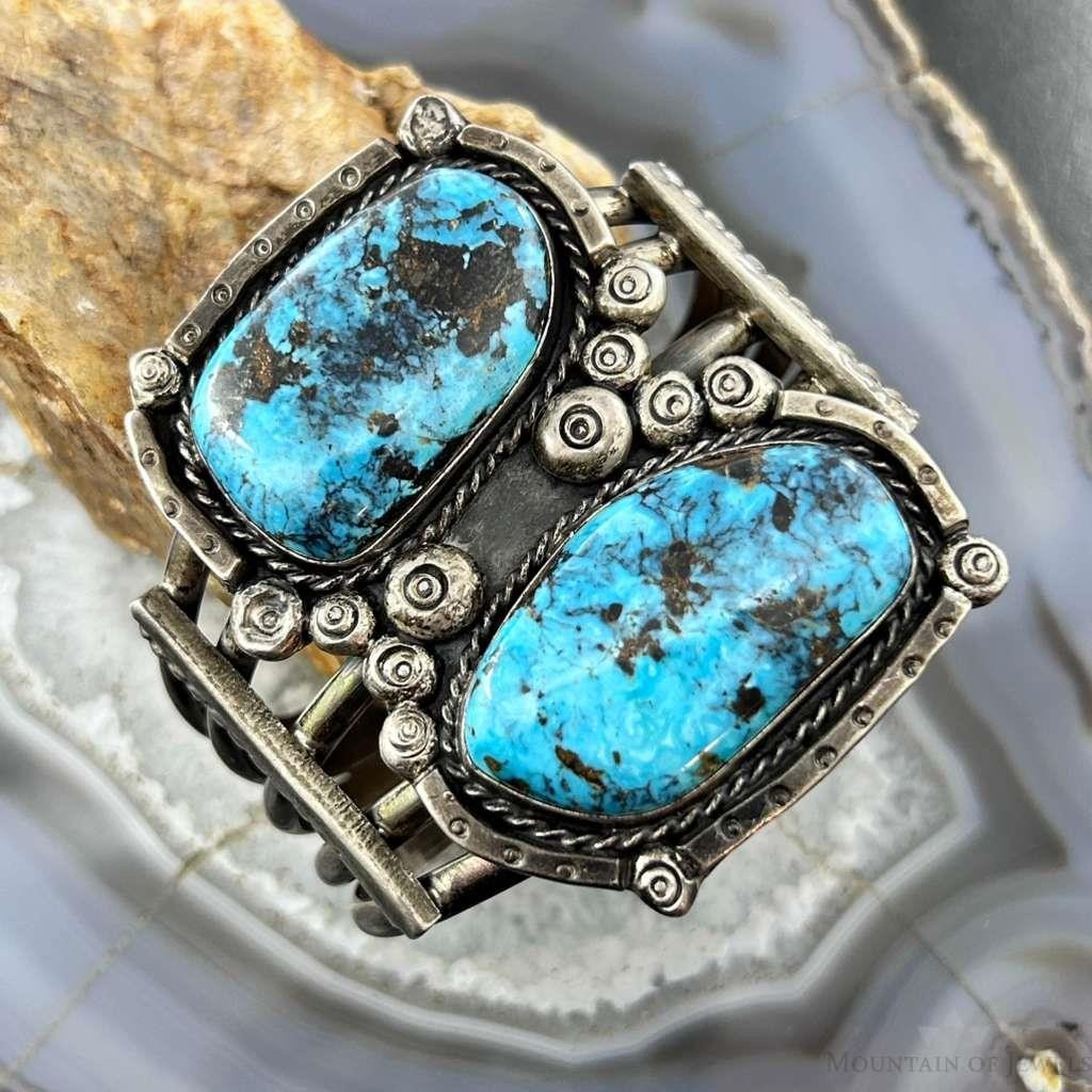 Vintage Native American Silver 2 Large Blue Diamond Turquoise Bracelet For Women