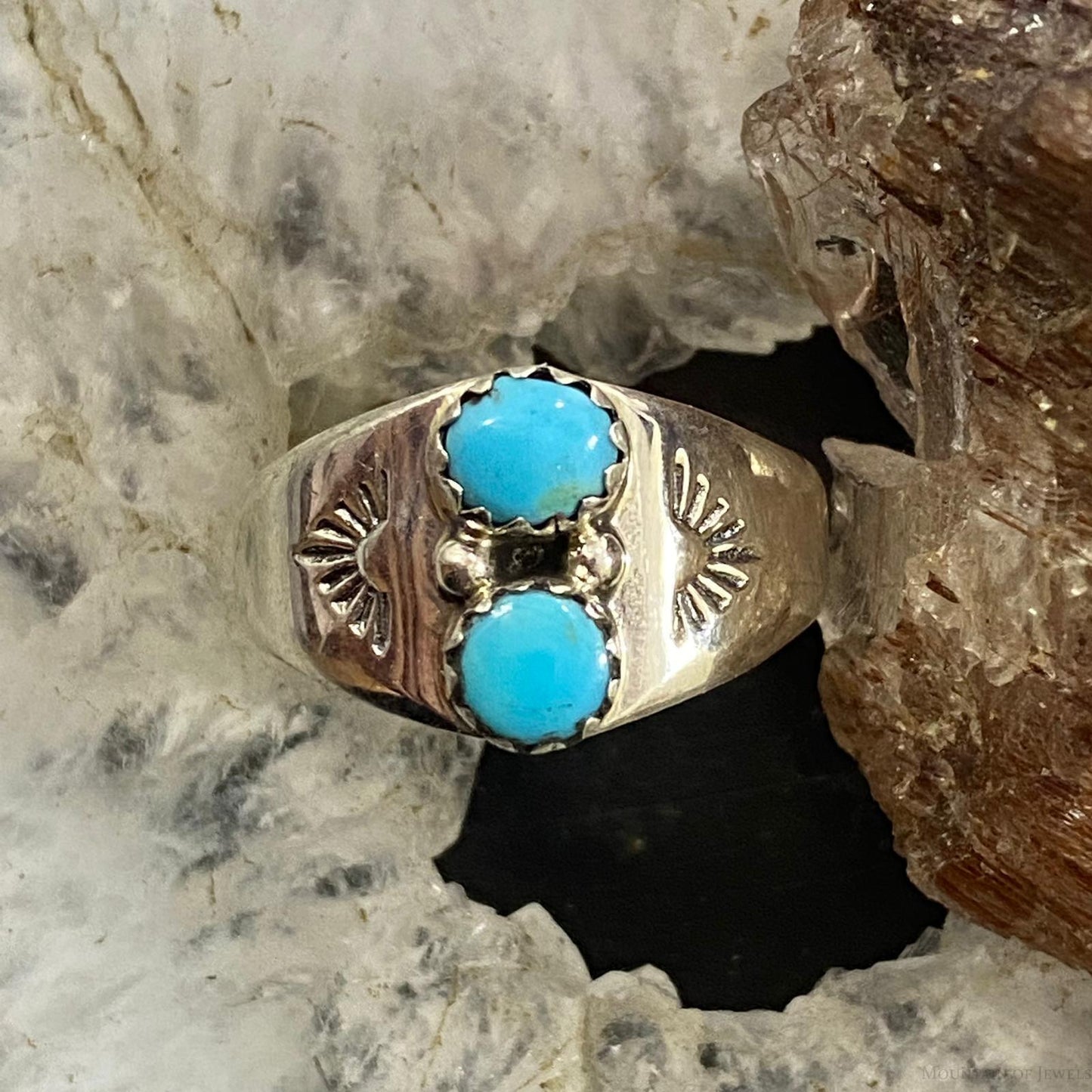 Native American Sterling Double Turquoise Decorated Ring Size 5/ 6.5 /7.5 / 8 For Women