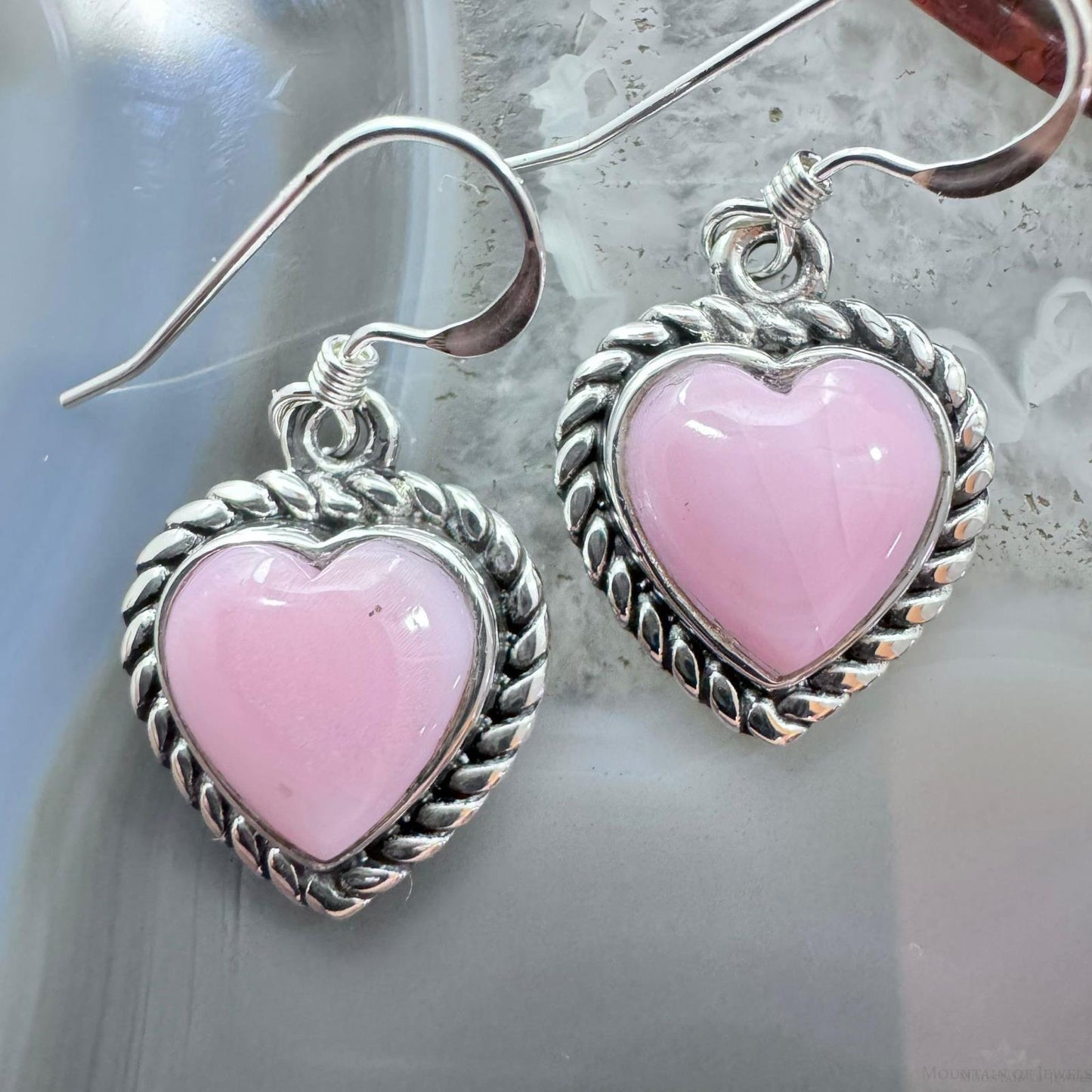 Native American Sterling Silver Heart Shape Pink Conch Dangle Earrings For Women