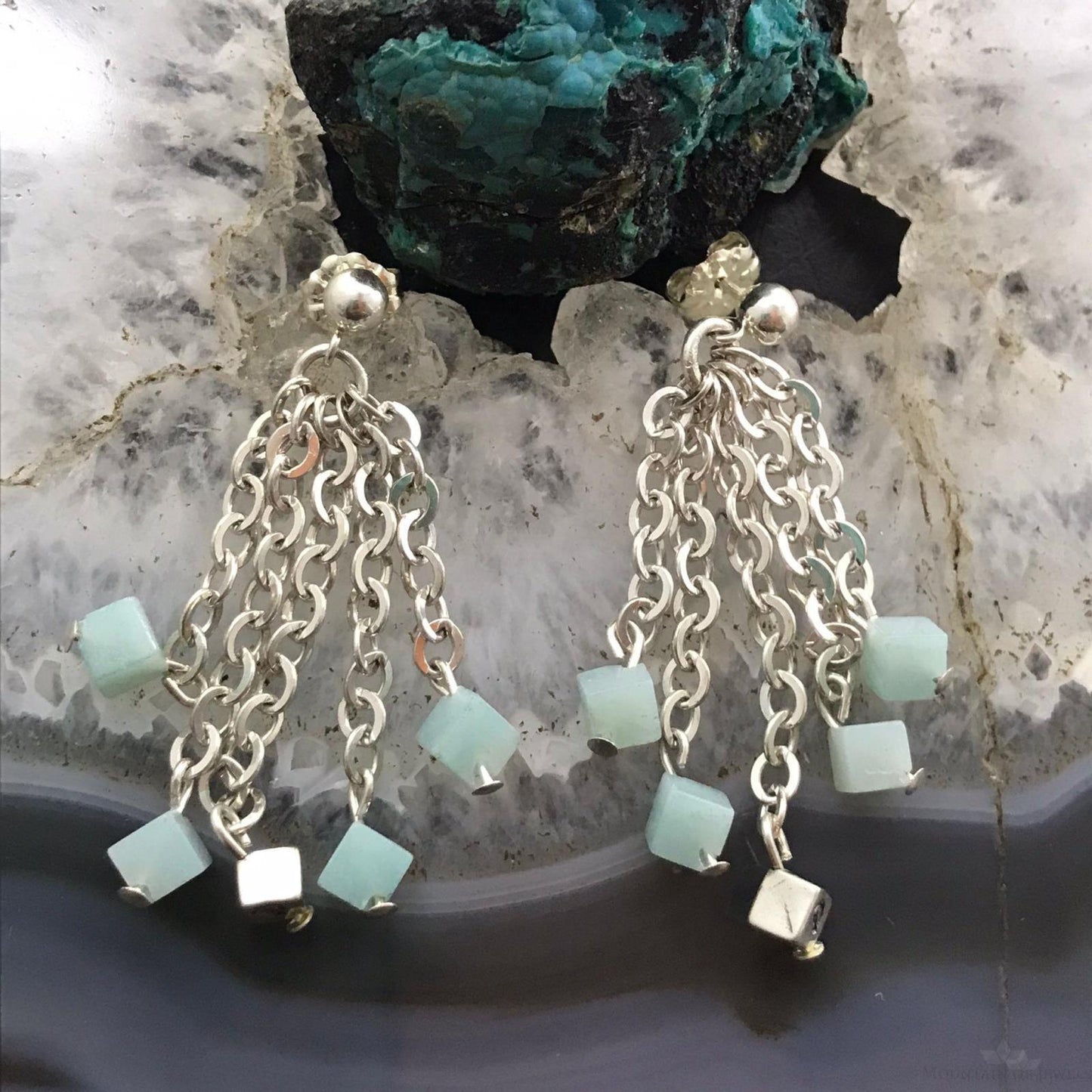 Carolyn Pollack Sterling Silver Tiny Amazonite Cube Bead Chandelier Dangle Earrings For Women