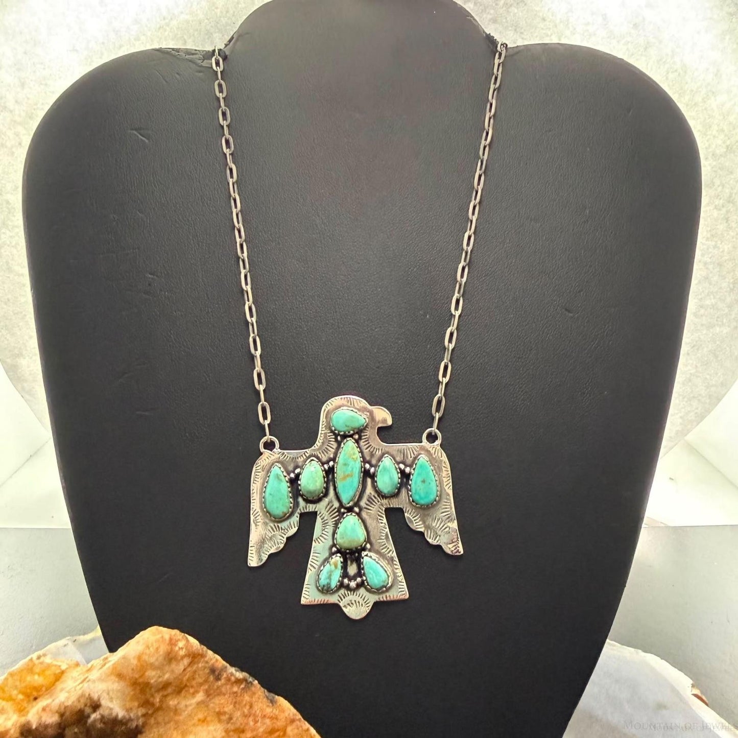 Sterling Silver Southwestern Style Kingman Turquoise Thunderbird Pendant Necklace For Women #3