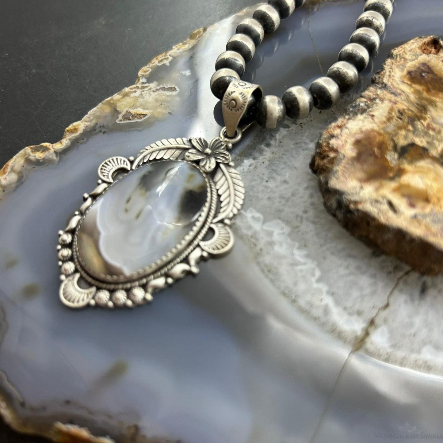 Sterling Silver Southwestern Style Oval Moss Agate Tube Decorated Pendant For Women