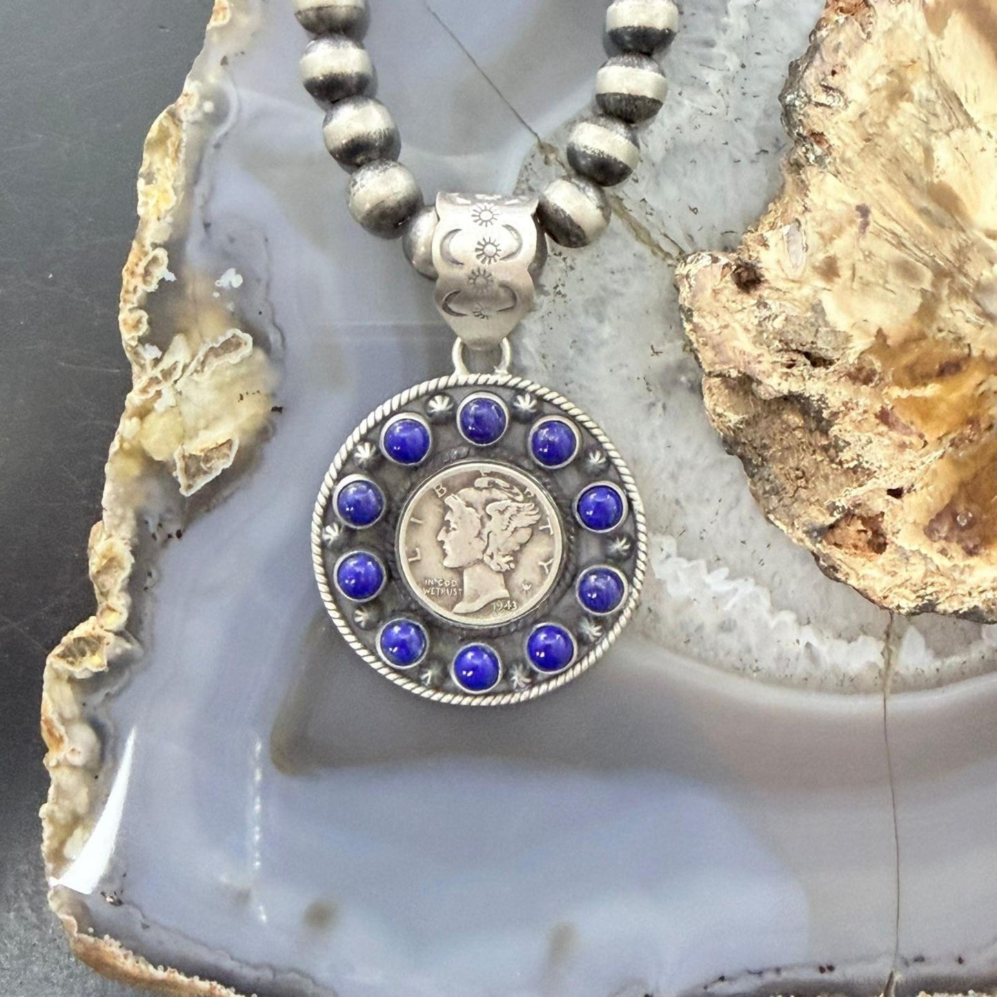 Genuine 1943 90% Silver Mercury Dime Coin w/Lapis Decorated Unisex Pendant #1