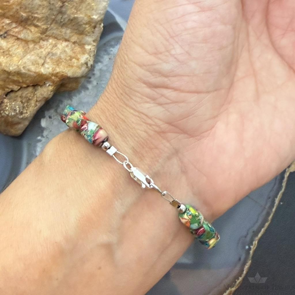 Sterling Silver 6mm Square Dahlia Composite Beads 7" Bracelet For Women