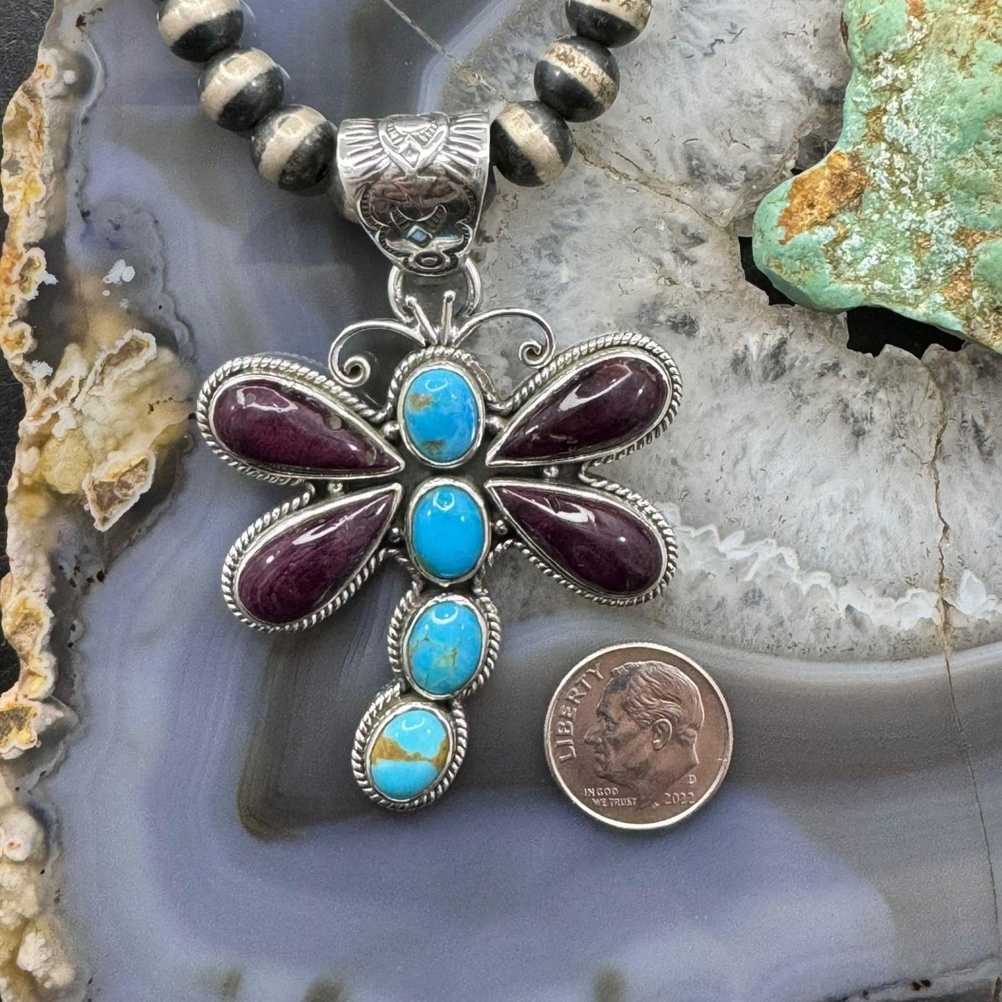 Native American Sterling Silver Turquoise & Spiny Oyster Dragonfly Pendant For Women