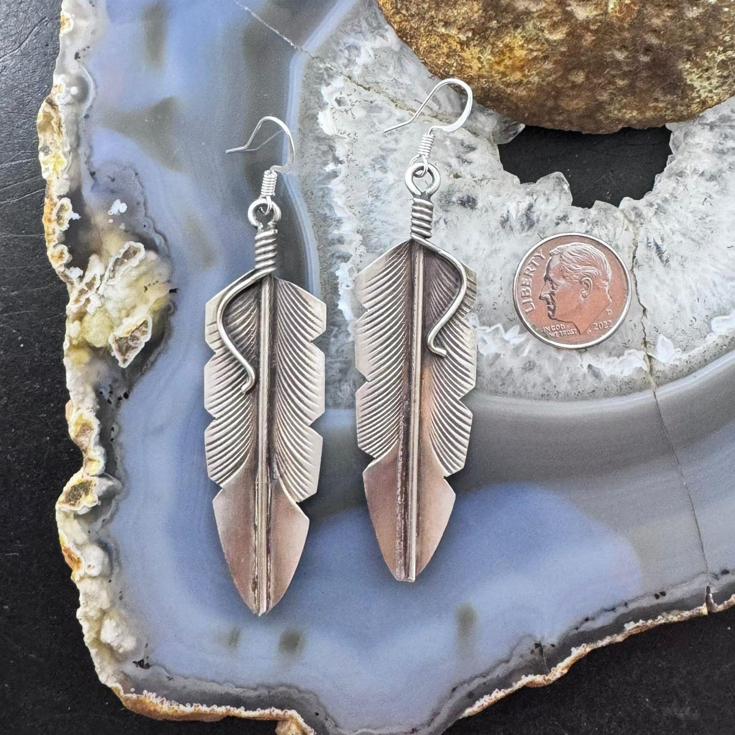 Chris Charley Native American Sterling Silver Large Feather Dangle Earrings For Women