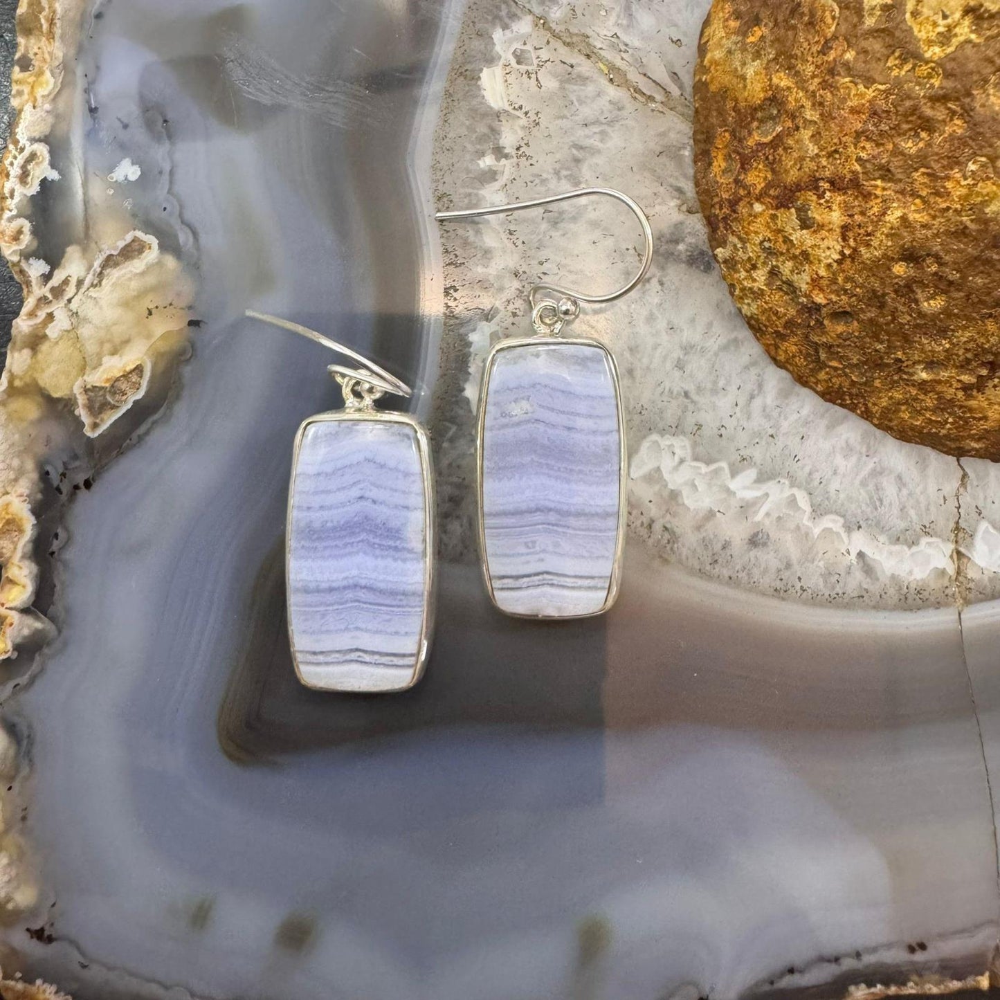 Sterling Silver Southwestern Style Lace Agate Dangle Earrings For Women