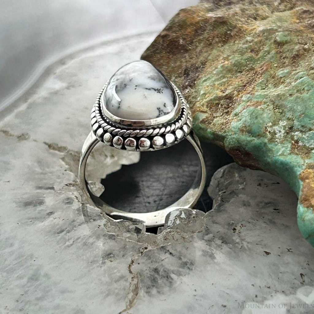 Sterling Silver Southwestern Style Teardrop Dendrite Agate Ring Size 7 For Women