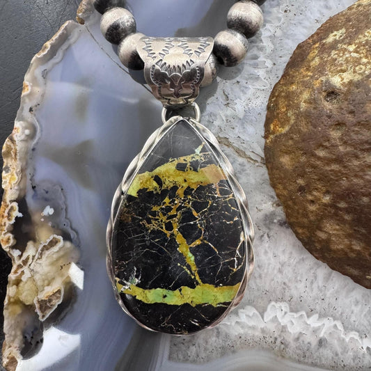 Native American Sterling Silver Teardrop Black Jack Decorated Pendant For Women