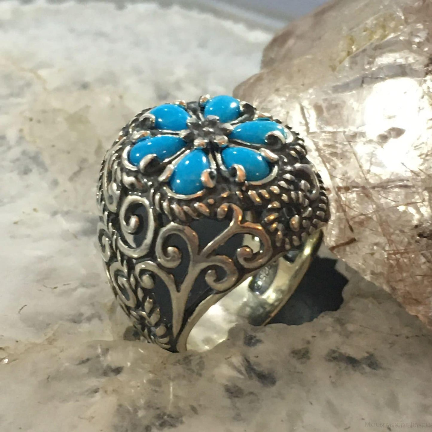 Carolyn Pollack Southwestern Style Sterling Silver 6 Turquoise Flower Ring For Women