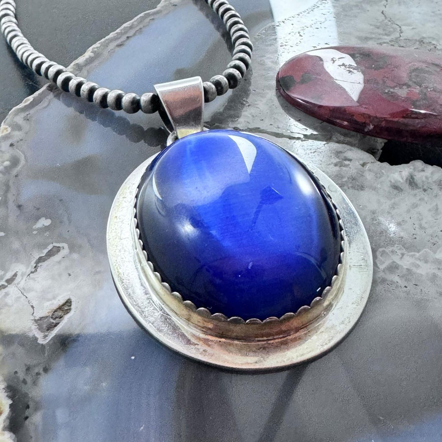 Vintage Sterling Silver Large Oval Blue Chalcedony Fashion Pendant For Women