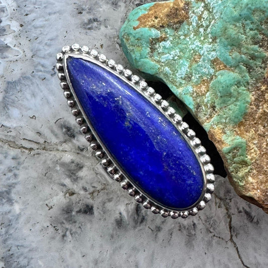 Sterling Silver Southwestern Style Elongated Teardrop Lapis Decorated Ring Size 8 For Women