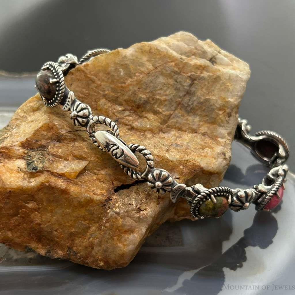 Carolyn Pollack Sterling Silver 7 Oval Multi-Stone 8" Decorated Link Bracelet For Women