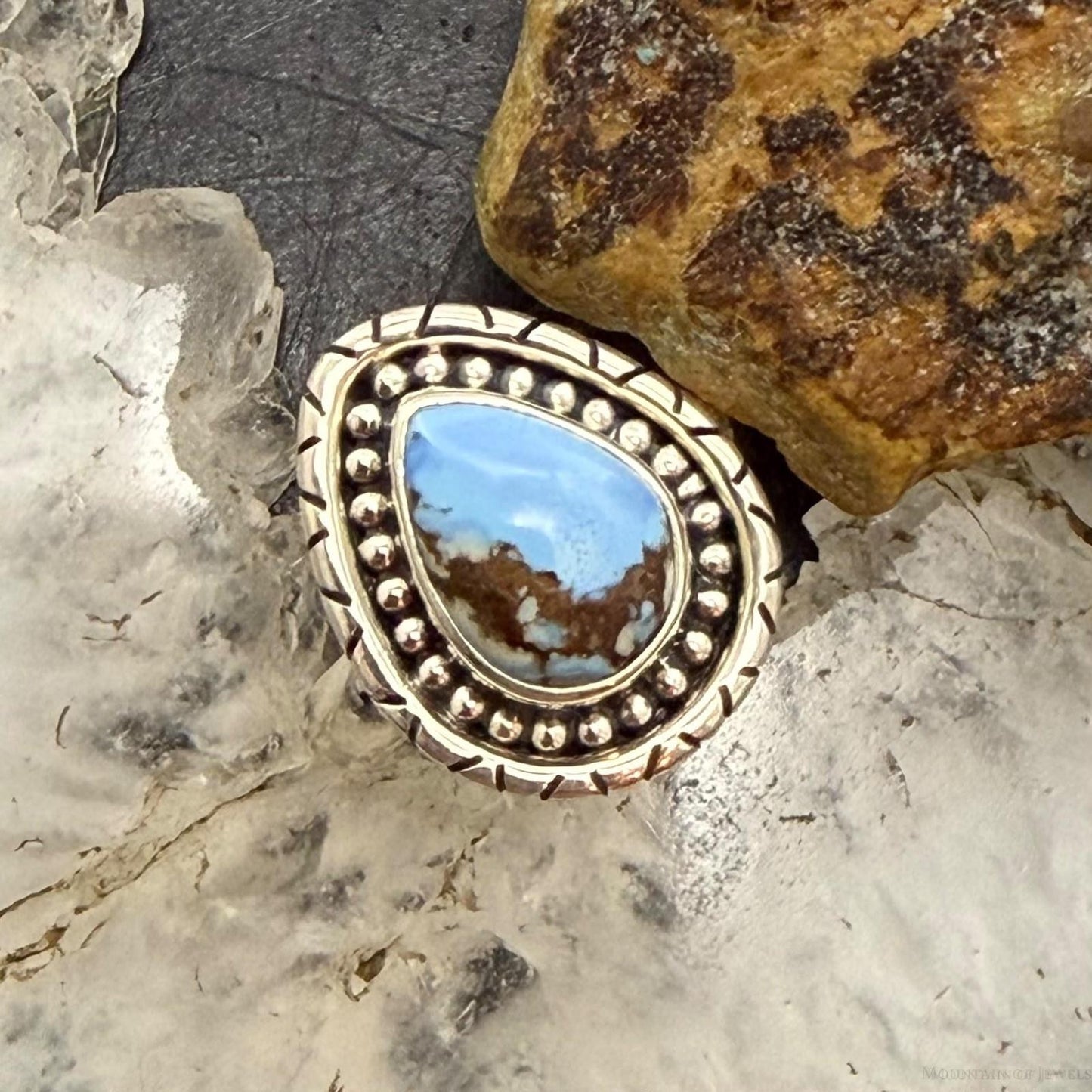 Sterling Silver Southwestern Style Teardrop Golden Hill Turquoise Ring Size 5 For Women