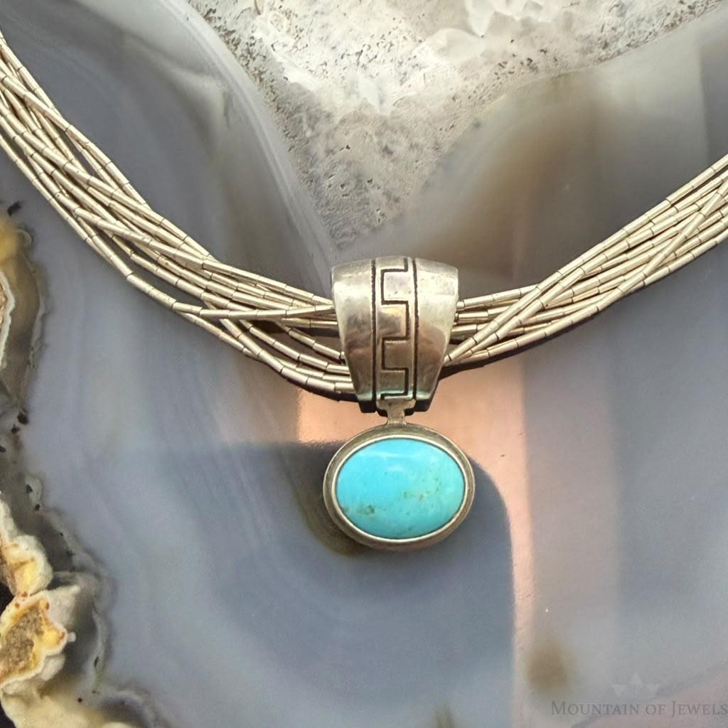 Vintage Liquid Silver 10 Strands w/Pendant Bear & Turquoise Necklace For Women