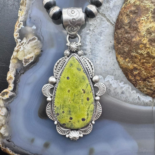Sterling Silver Southwestern Style Teardrop Stichtite Decorated Pendant For Women
