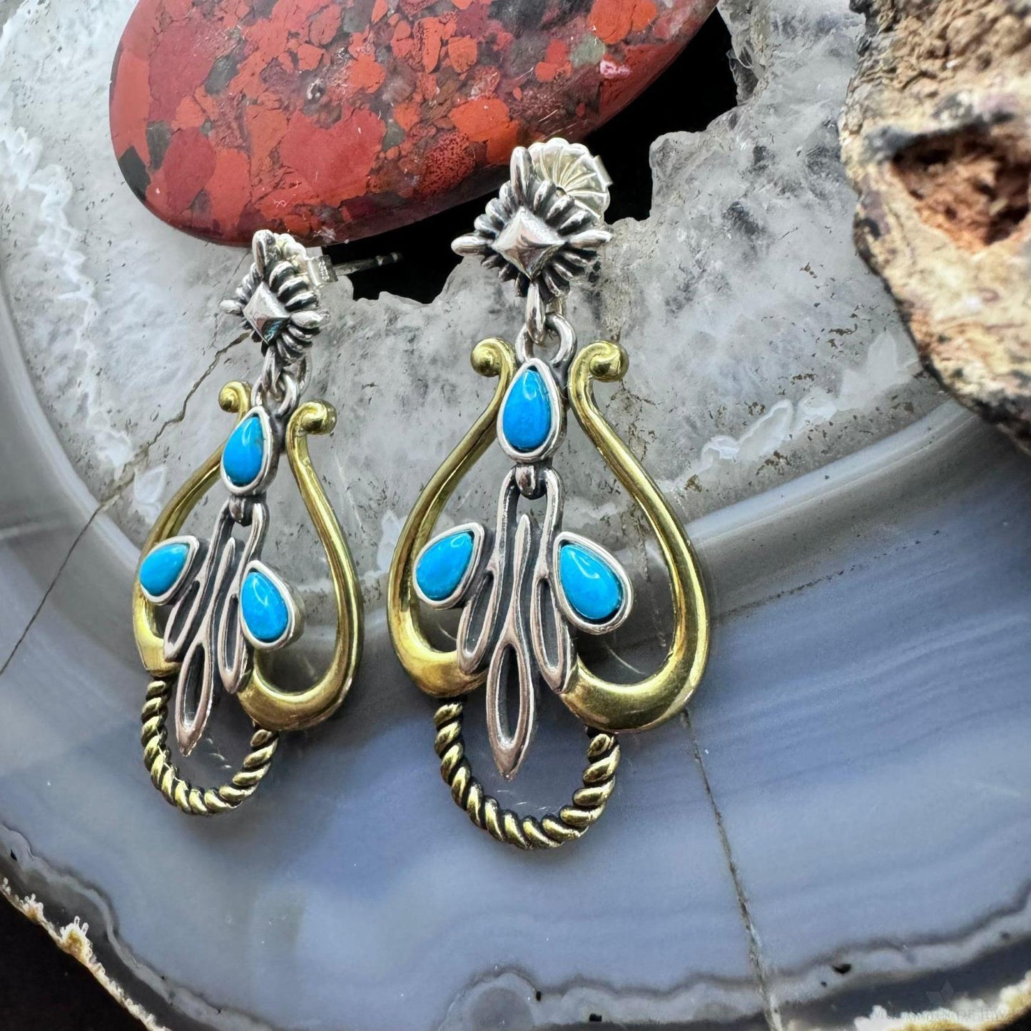 Carolyn Pollack Sterling Silver & Brass Sleeping Beauty Turquoise Post Dangle Earrings For Women